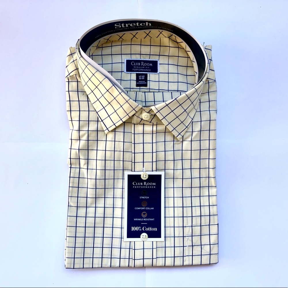 Club Room Men’s Performance Dress Shirt, Grid Pattern Yellow/Navy, 17 1/2- 32/33